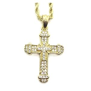 14k Gold Tone Men Diamond Cross 24” Necklace Chain